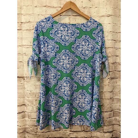 Buckhead Betties Top Womens Medium Tunic Blue Medallion Longer Length Stretch - Picture 12 of 14